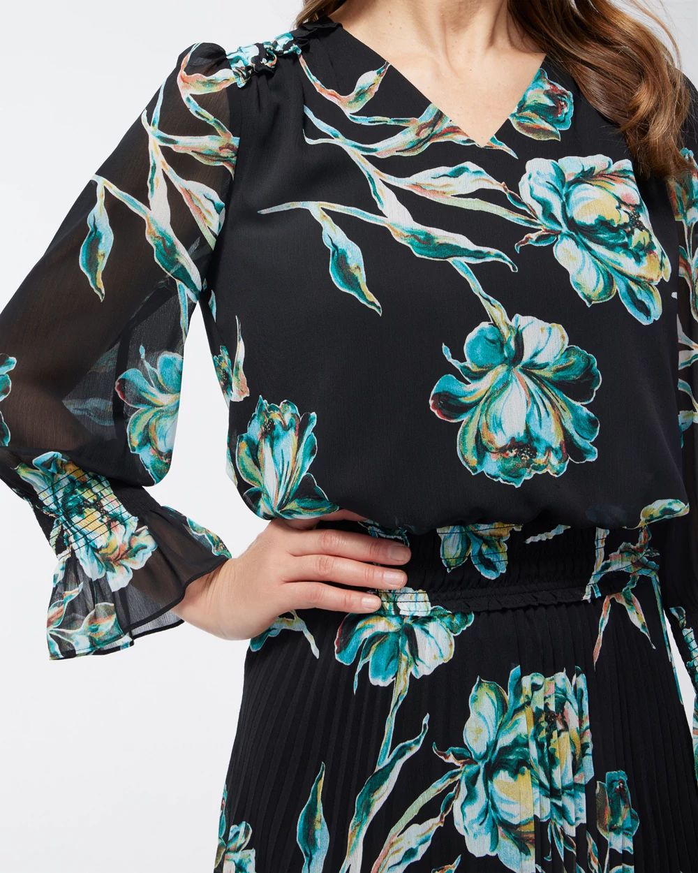 Crepe Pleated Floral Midi Dress