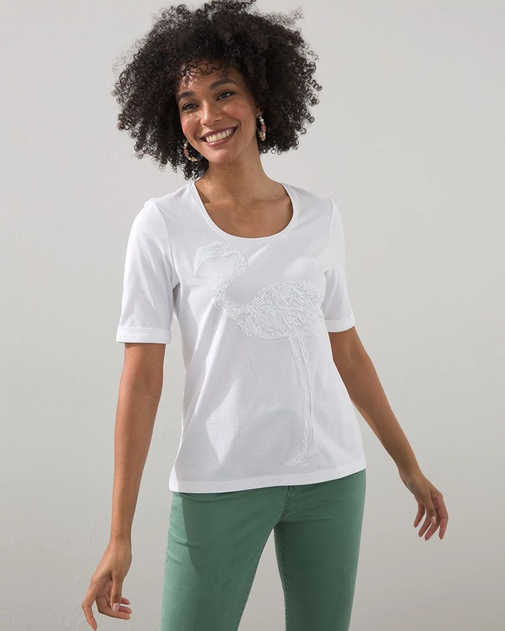 Sequin Flamingo Scoop Neck Tee