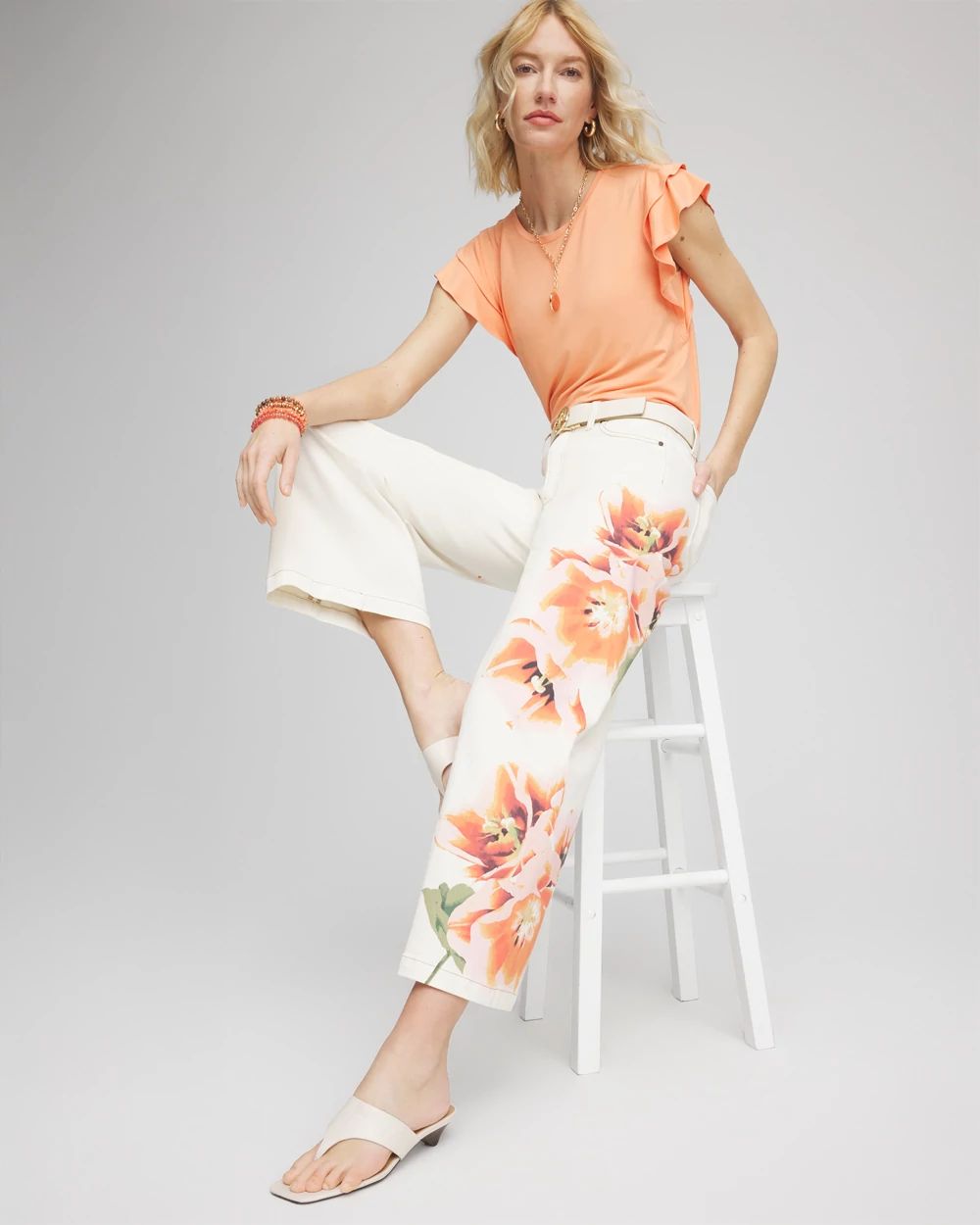 Petite Floral High-Rise Wide-Leg Cropped Jeans
