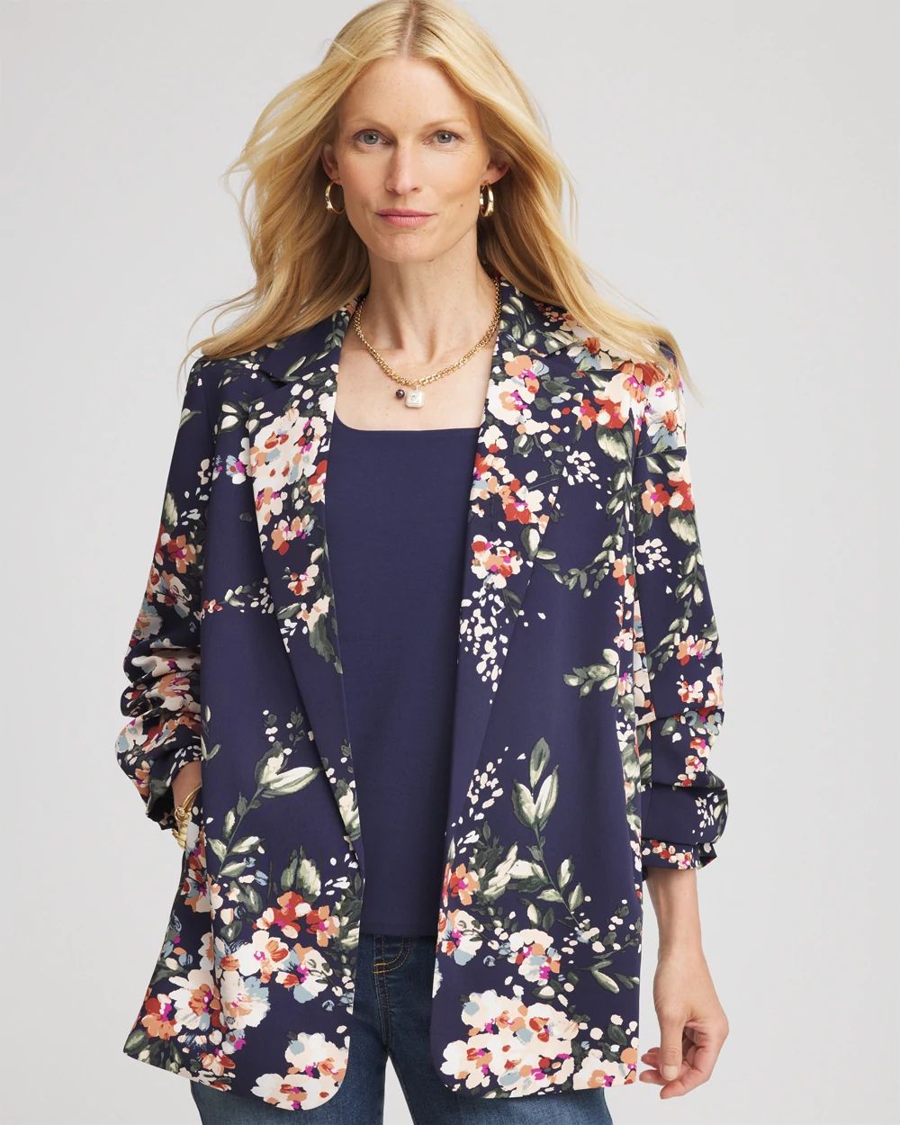 Floral Ruched Sleeve Blazer