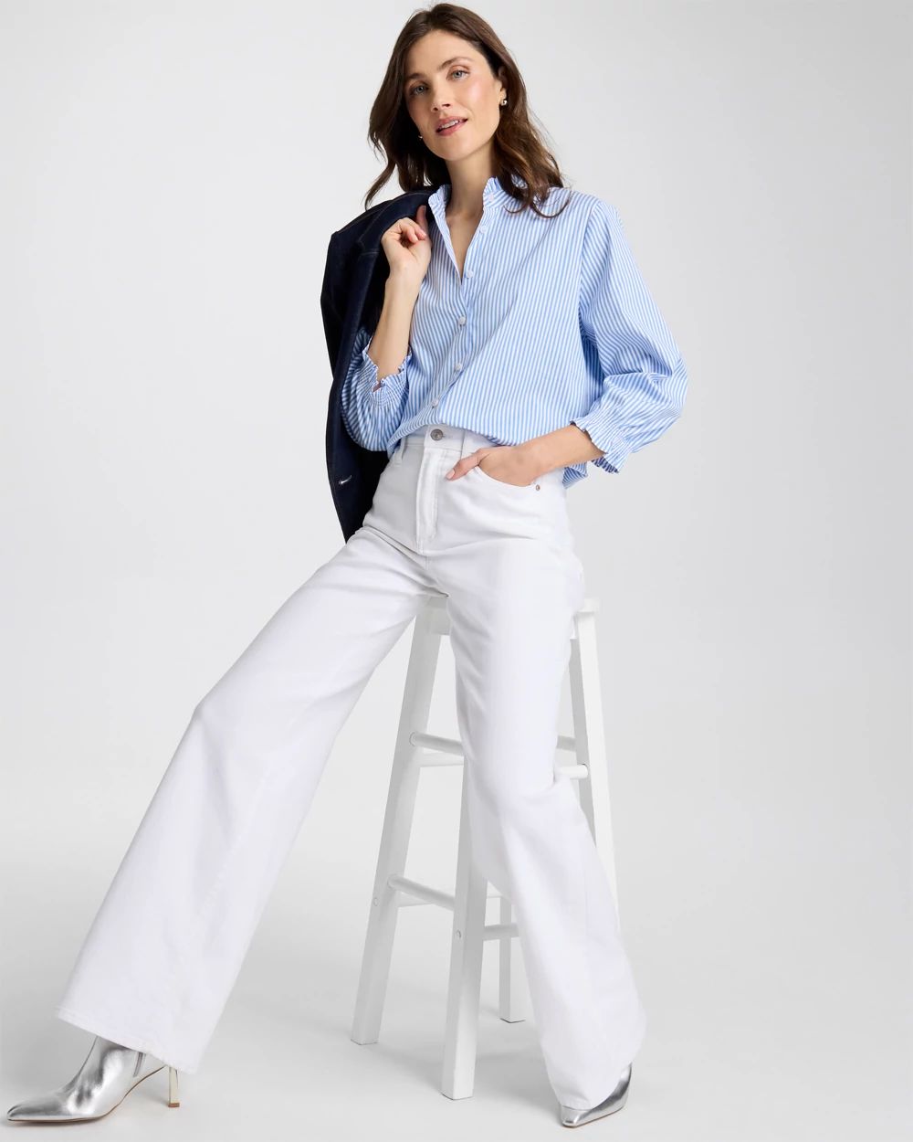 Striped Poplin Ruffle Neck Shirt click to view larger image.