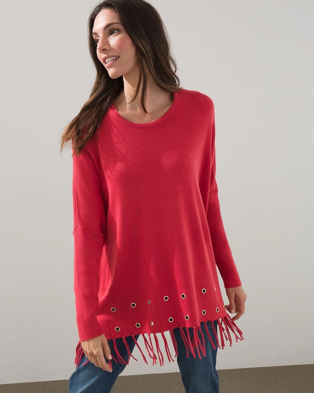 Red Embellished Sweater Poncho
