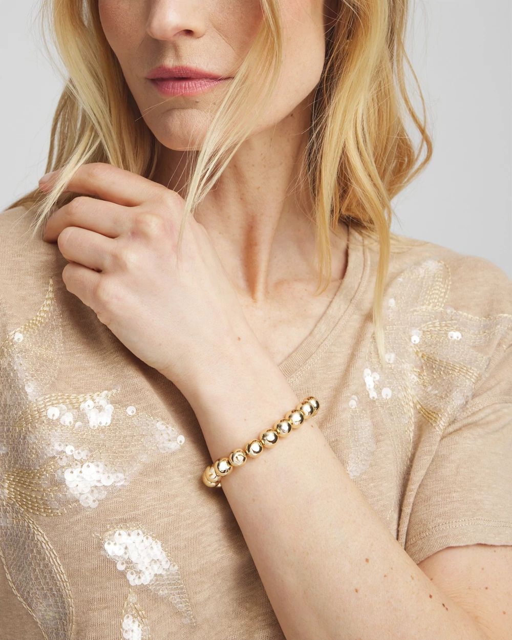 Large Gold Tone Beaded Stretch Bracelet