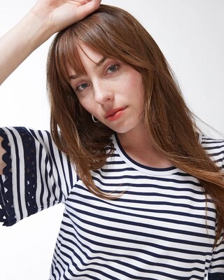 Stripe Lace Detail Flutter Sleeve Tee
