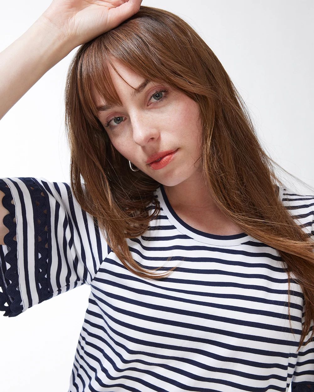 Stripe Lace Detail Flutter Sleeve Tee