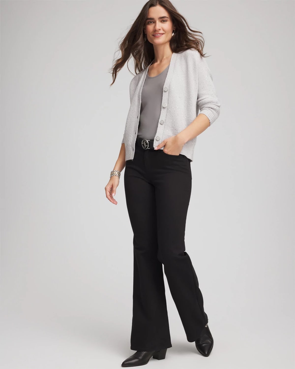 Chico's Shine Boyfriend Cardigan Sweater In Denim In Gray