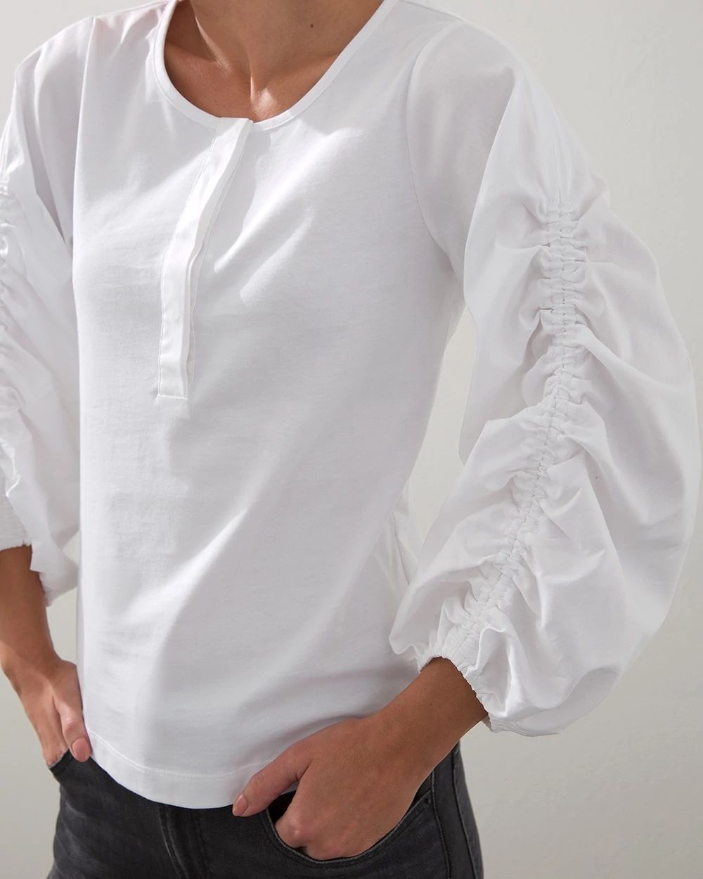 Pima Ruched Knit Woven Mix Tee