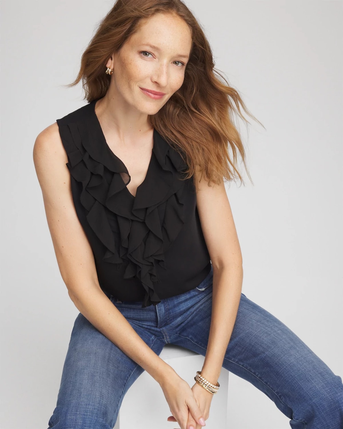 Chico's Satin Ruffle Tank In Black In Black