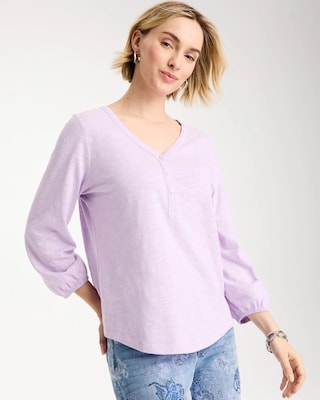 Puff Sleeve Cotton Slub Henley Tee