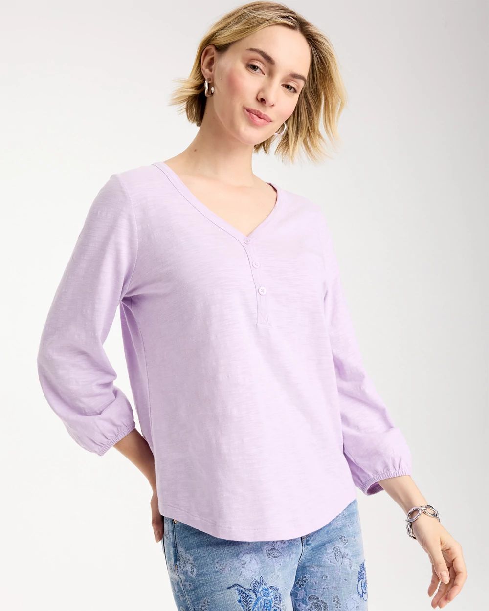 Puff Sleeve Cotton Slub Henley Tee