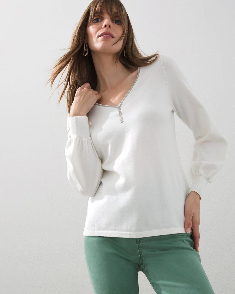 Caviar Trim V-Neck Pullover Sweater