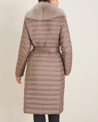 Long Belted Puffer Coat with Faux-Fur Collar