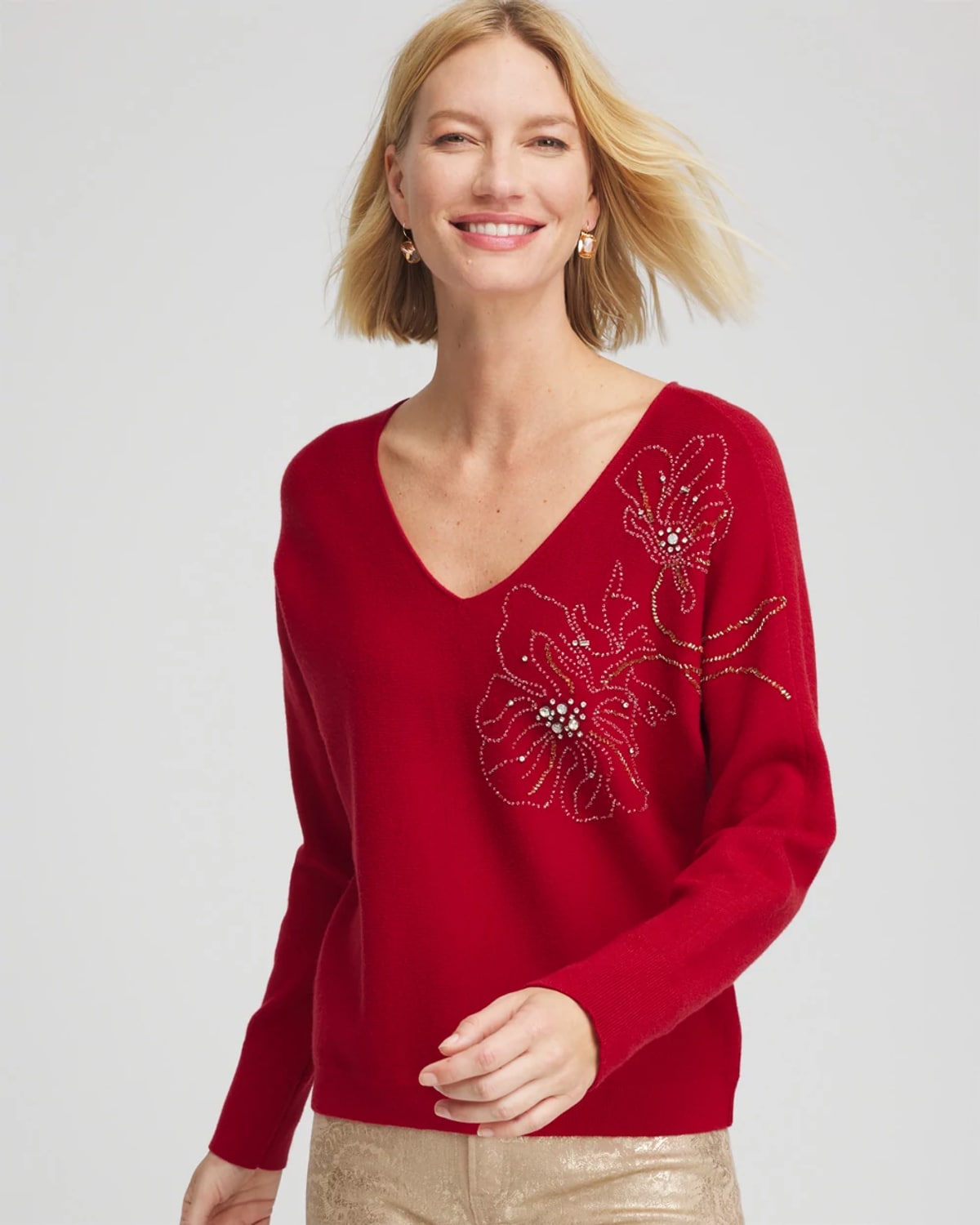 Chico's Floral Embellished Dolman V-neck Pullover In Carmine Red