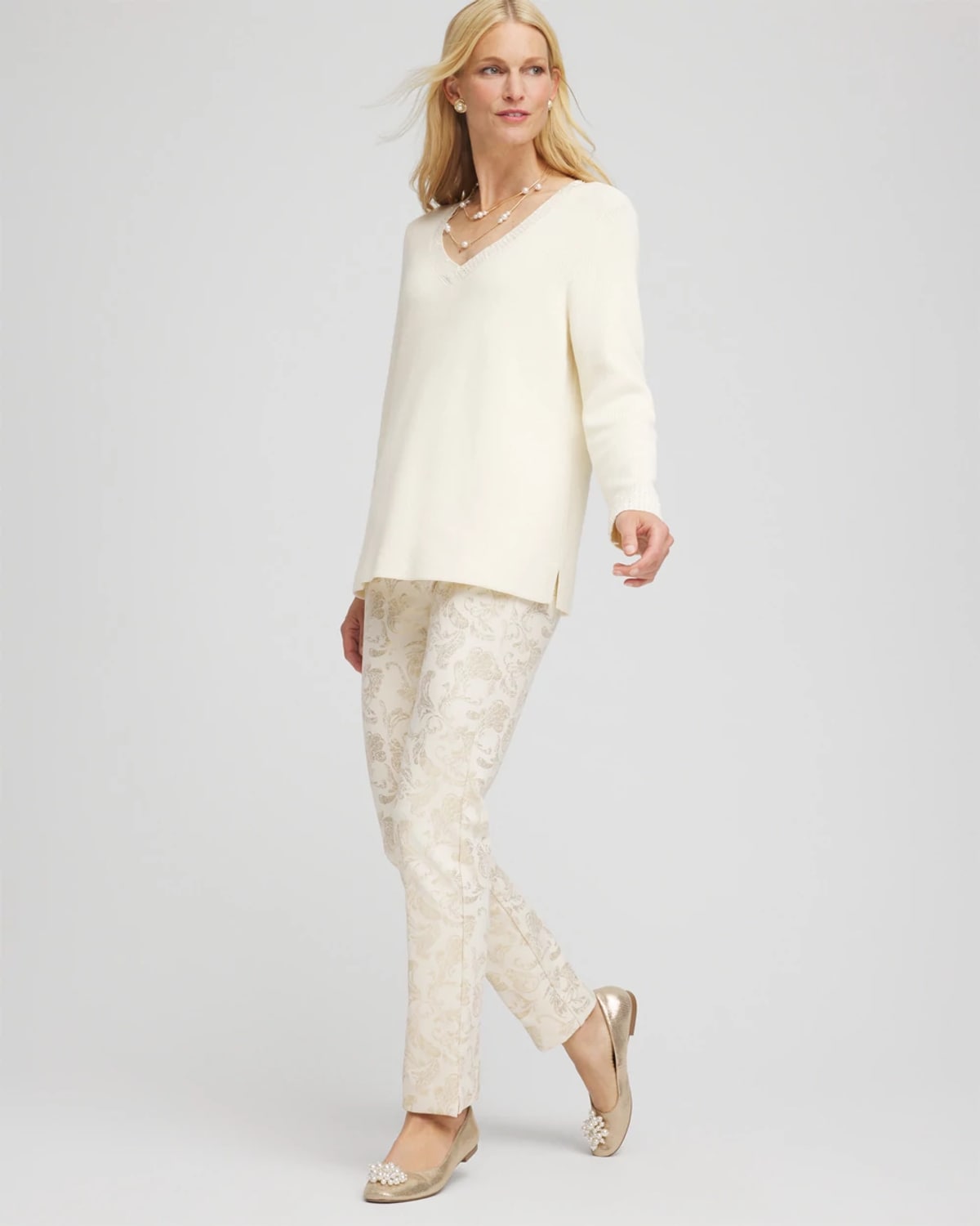 Chico's Embellished V-neck Pullover Sweater In Cream In Neutral
