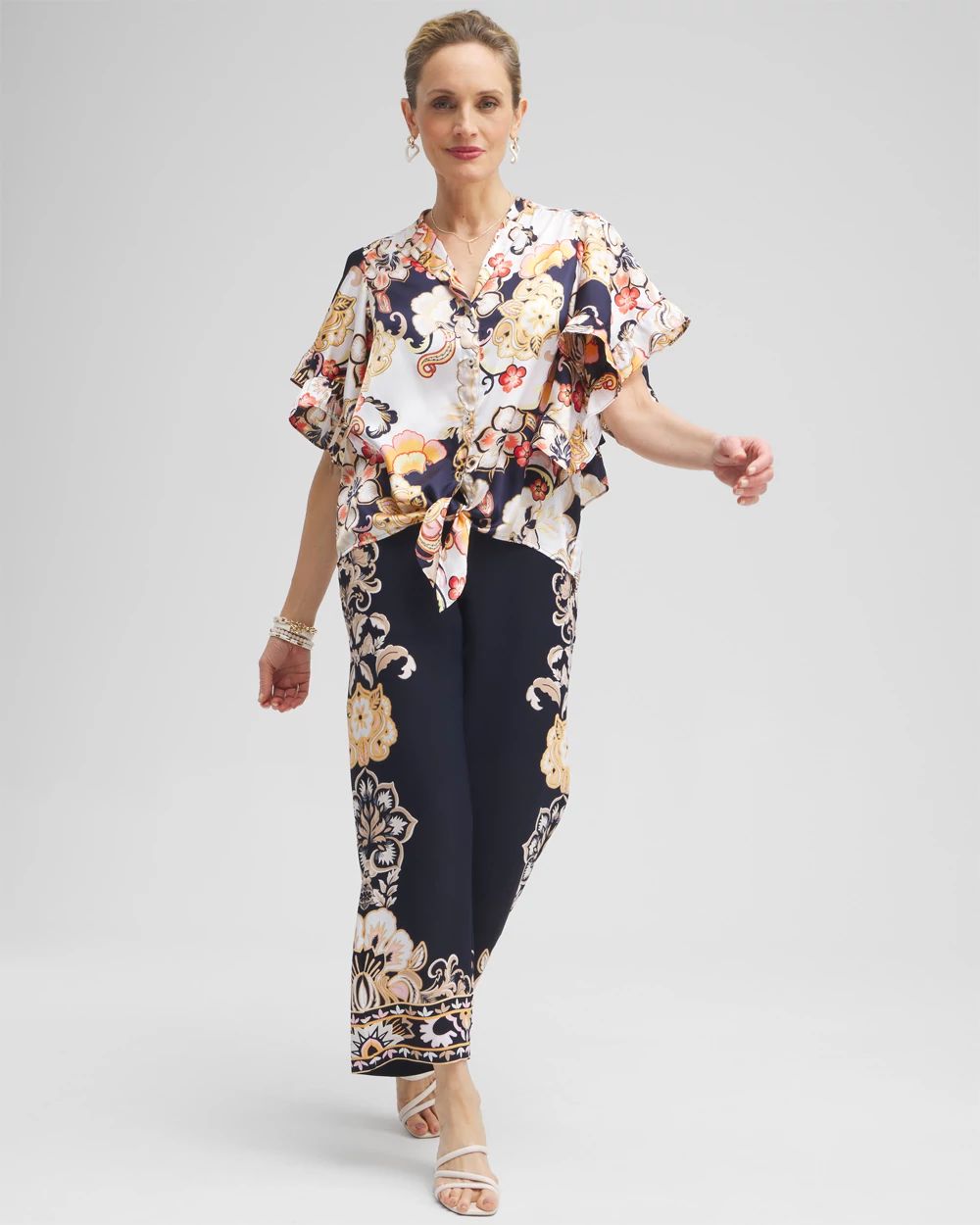 Satin Ruffle Sleeve Tie Front Shirt