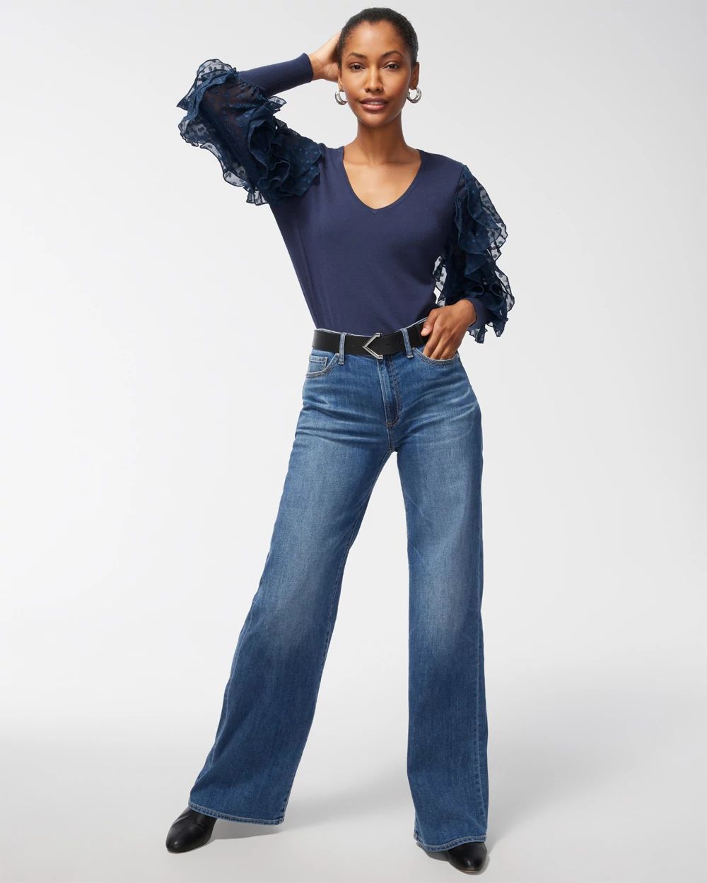 Knit Woven Mix Ruffle Sleeve Sweater