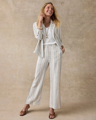 Striped Piped Linen Fly Front Pants