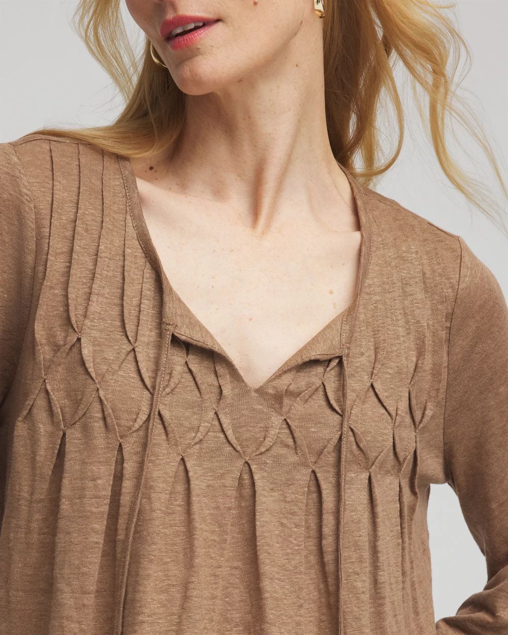 Pintuck Tie-Front Notched-Neck Tee