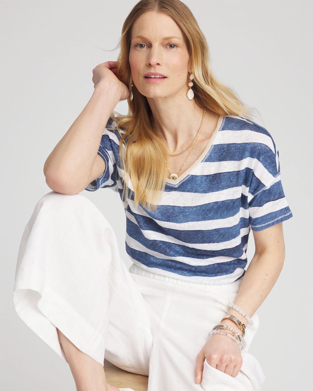Navy Stripe Sweater Trim Linen Tee
