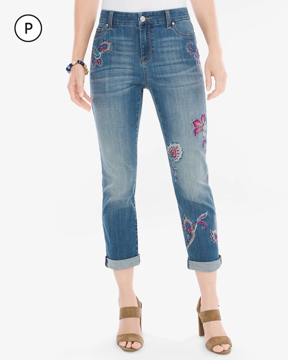 Platinum Petite Paisley Embroidered Girlfriend Crops