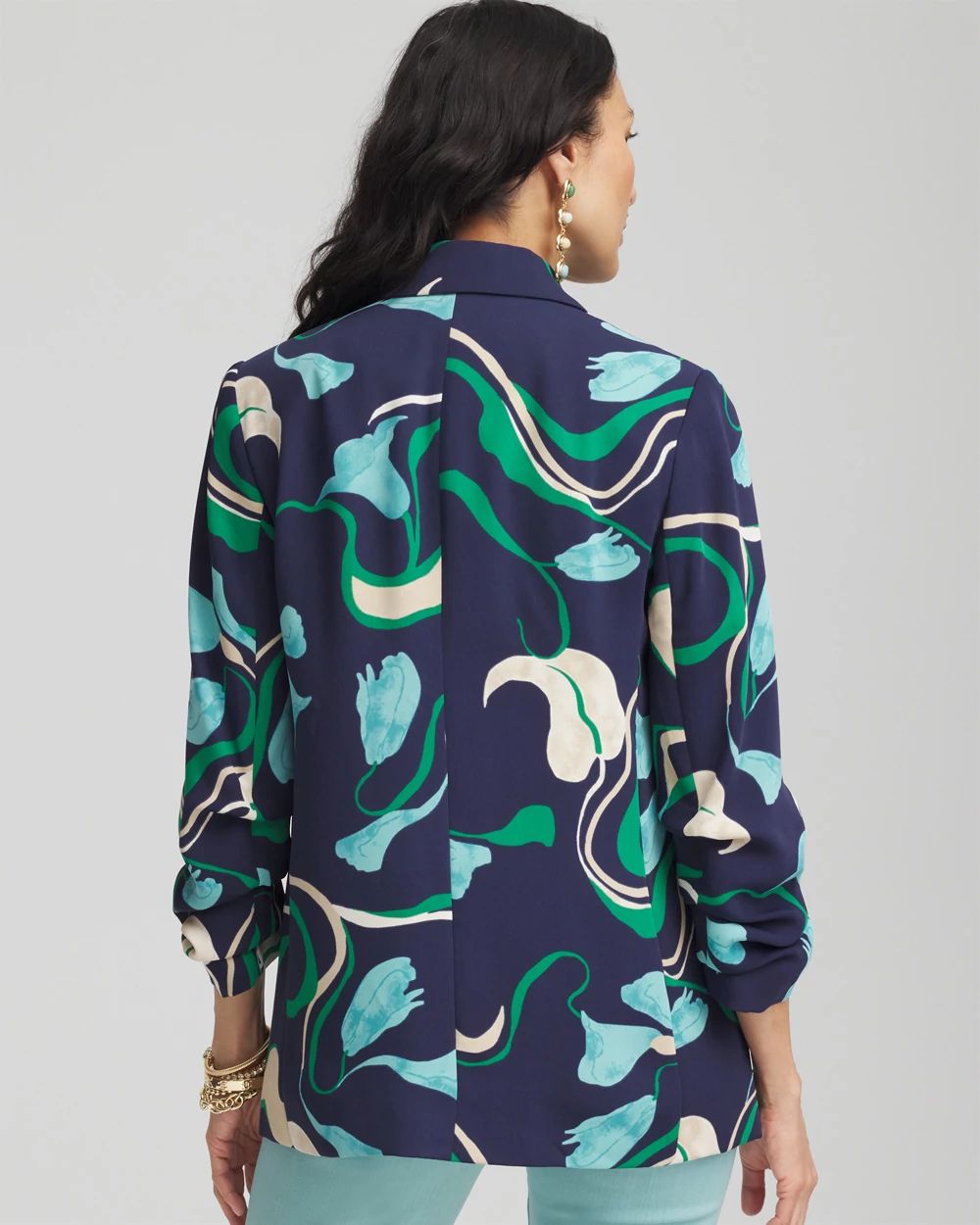Notched-Lapel Ruched Sleeve Blazer