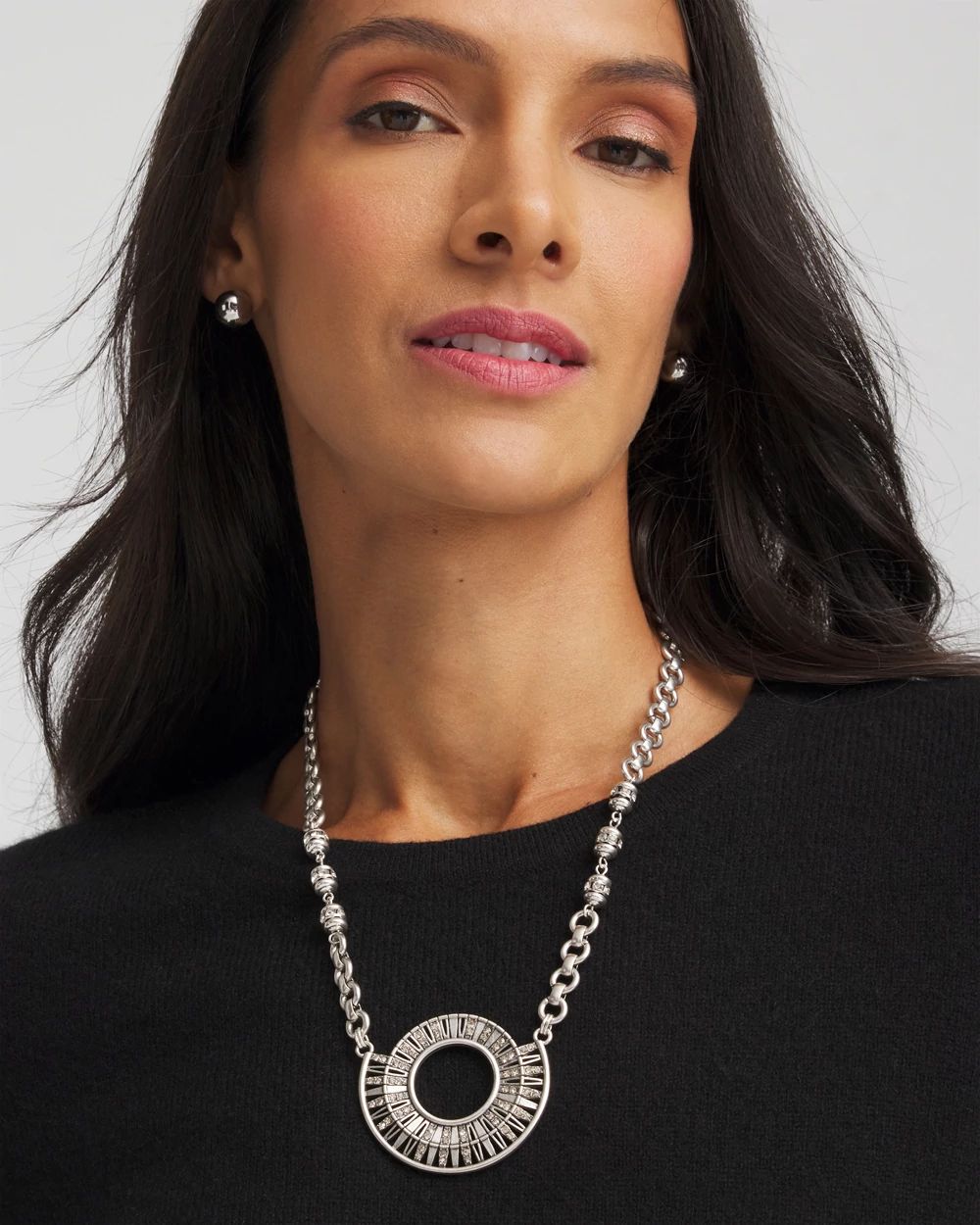 Sparkling Silvertone Circle Pendant Necklace