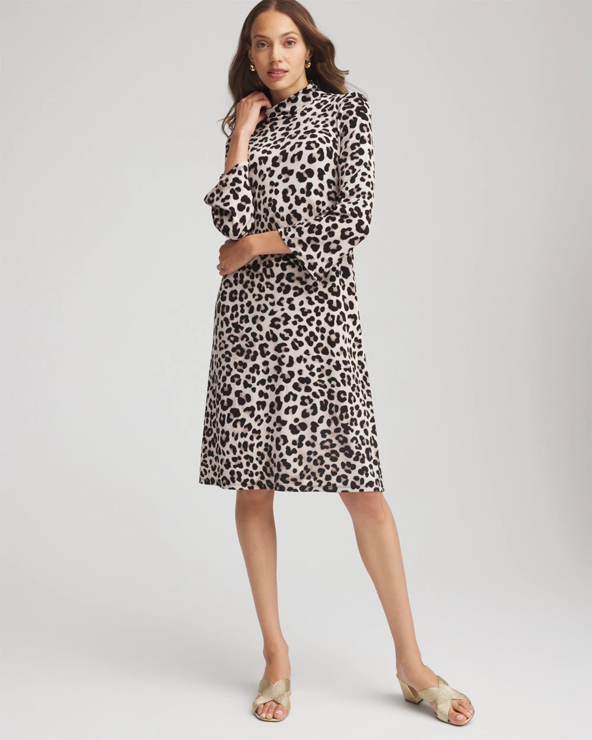 Chico's Travelers Animal-print Mockneck Midi Dress In Deep Taupe In Animal Print