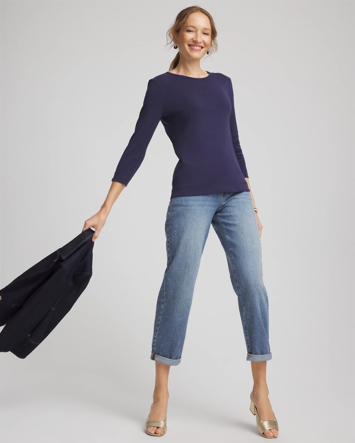 Chico's Pima Cotton Crewneck Button Tee In Blue