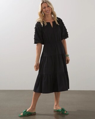 Poplin Fringe Puff Sleeve Dress