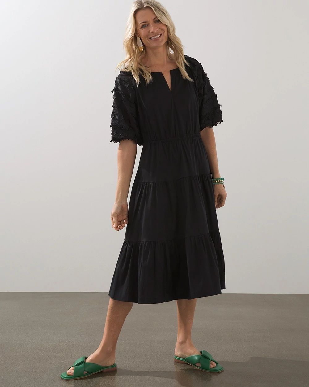Poplin Fringe Puff Sleeve Dress