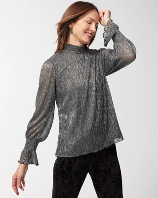 Mock Neck Metallic Crinkle Top