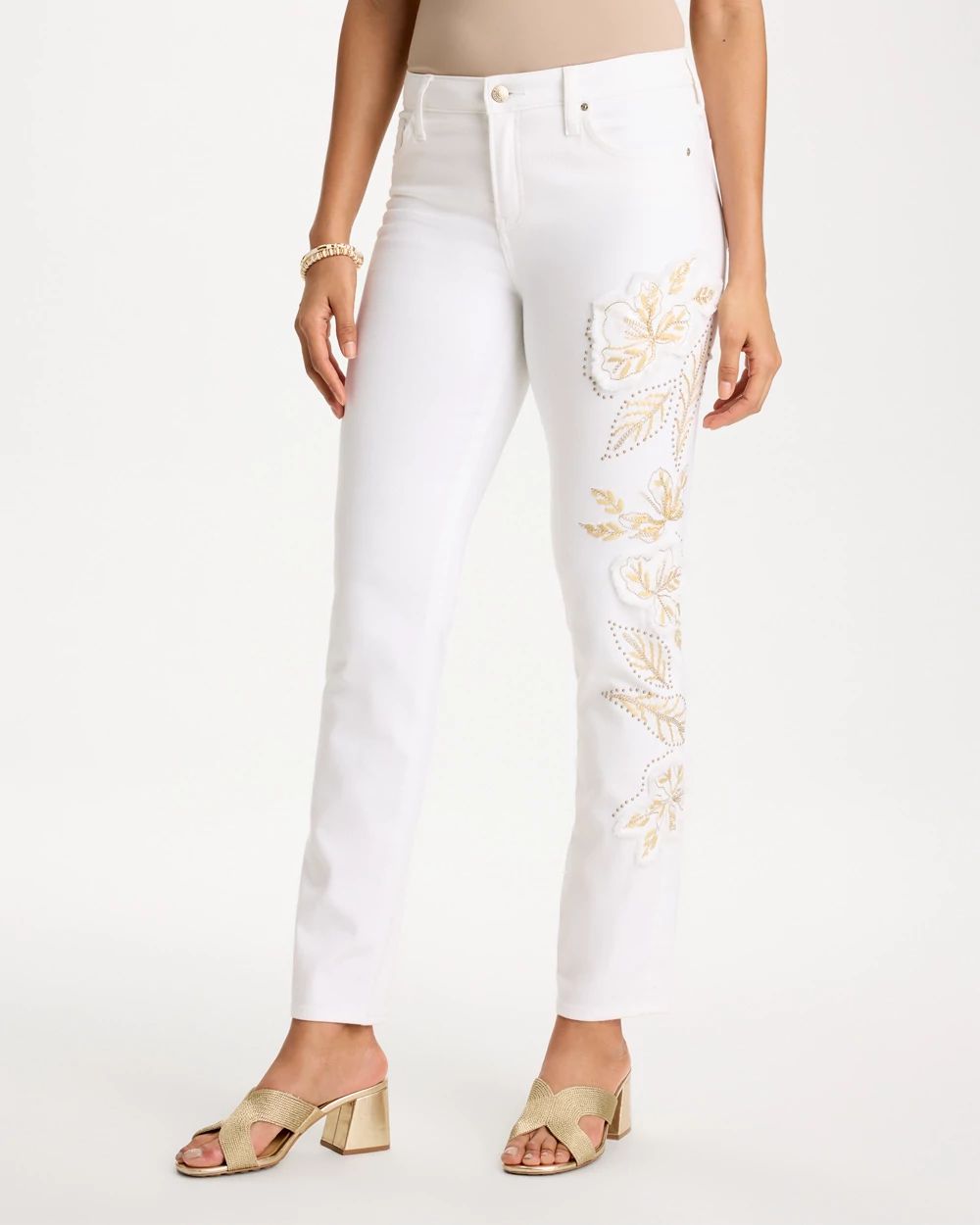 No Stain Girlfriend Floral Embellished Slim Ankle Jeans