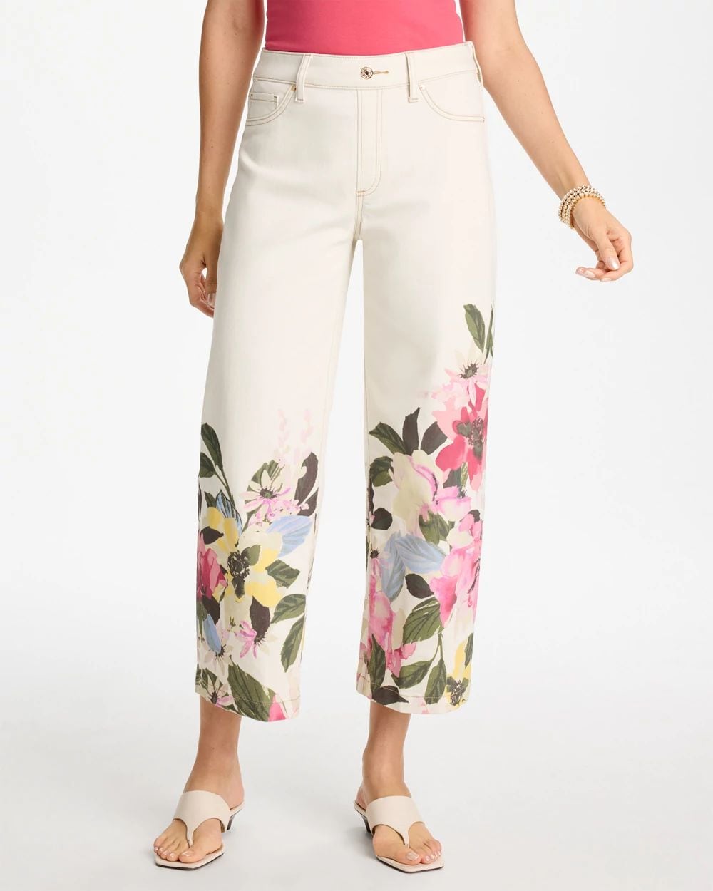 Printed Pull-On Wide Crop Jeans