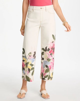 Printed Pull-On Wide Crop Jeans