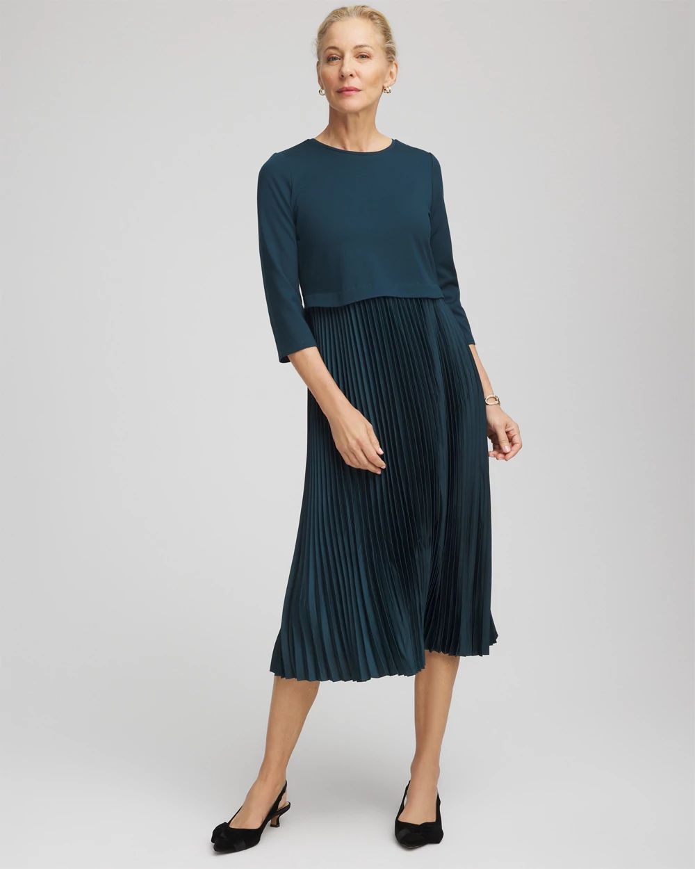 Satin-Knit Pleated Midi Dress