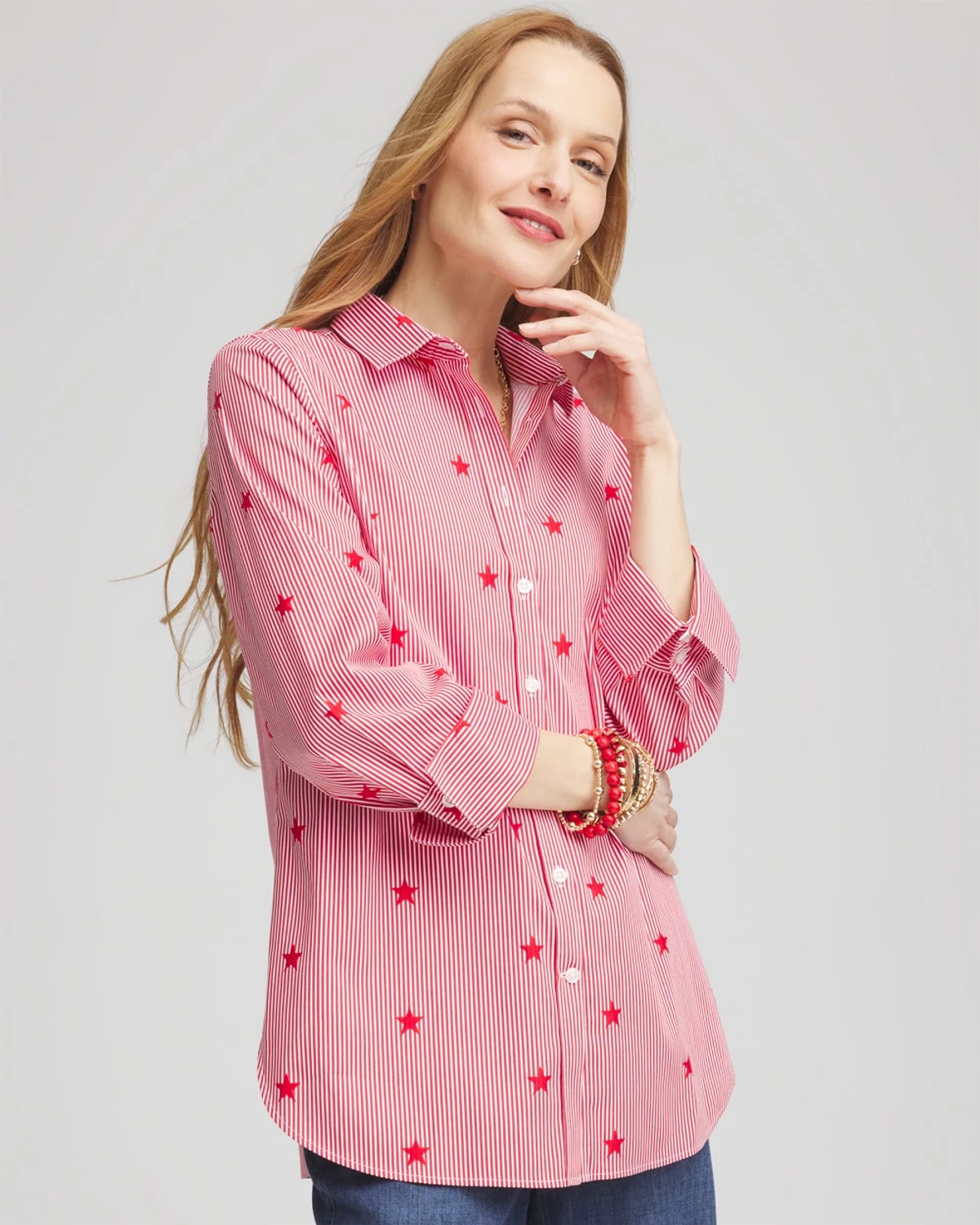 Chico's No Iron Stars & Stripes Sateen Shirt In