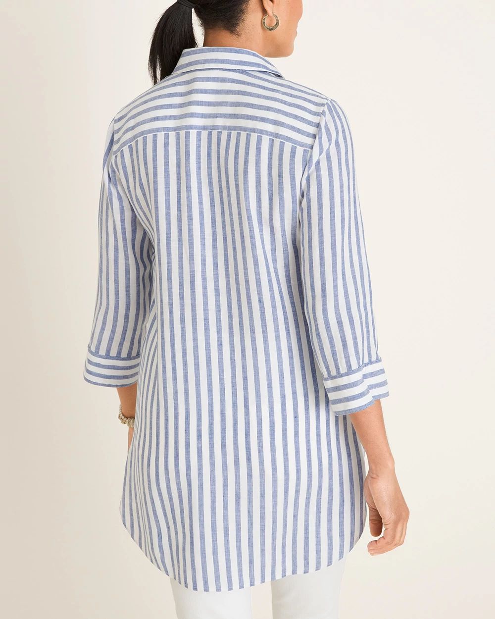 No-Iron Linen Striped Shirttail Hem Tunic