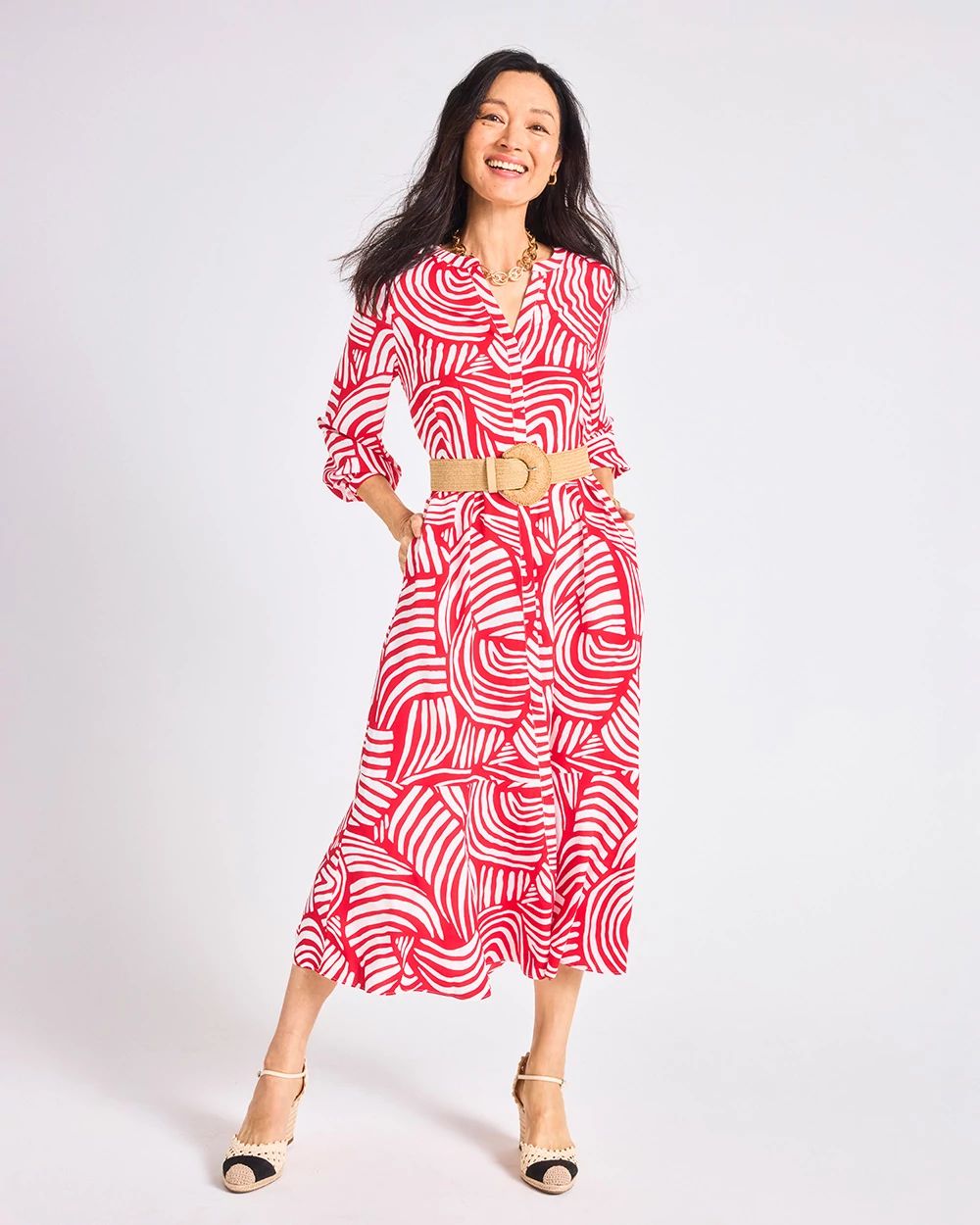 Printed Ruffle-Sleeved Midi Dress