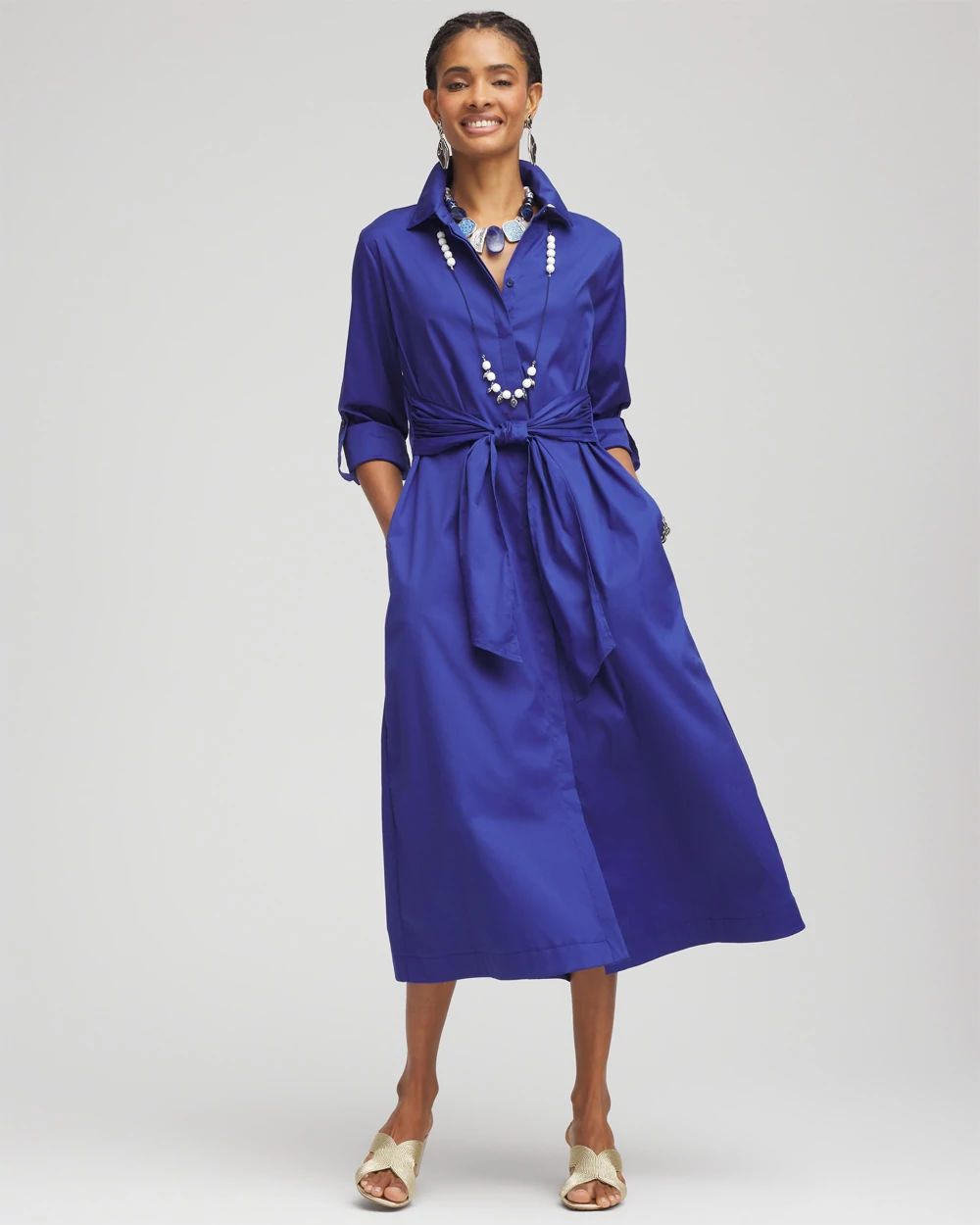 Wrap Belt Poplin Midi Shirtdress