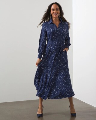 Godet Dot Print Maxi Shirt Dress
