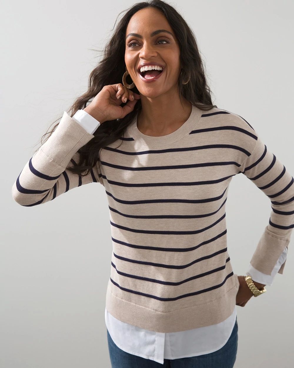 Woven Shirt Detail Stripe Knit Sweater