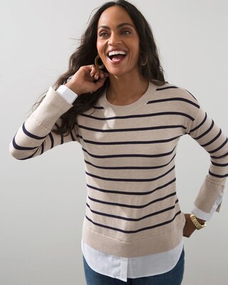 Woven Shirt Detail Stripe Knit Sweater