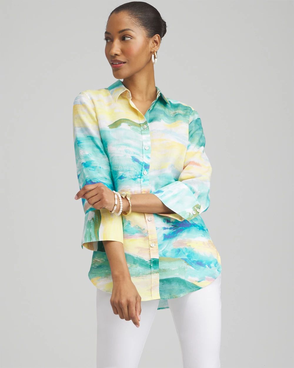 No Iron™ Linen Watercolor 3/4 Sleeve Shirt