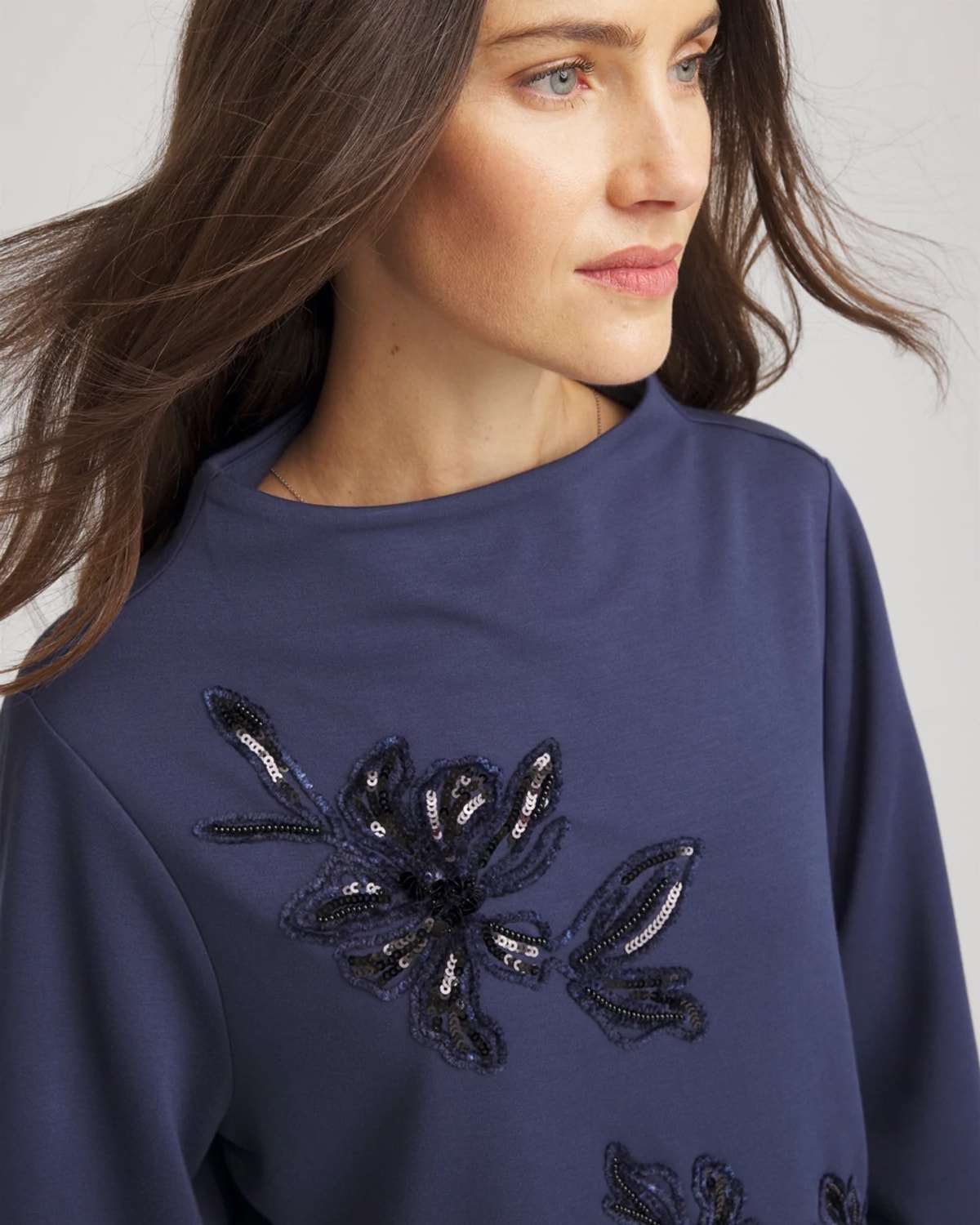 Chico's Embellished Structured Top In Indigo Sky
