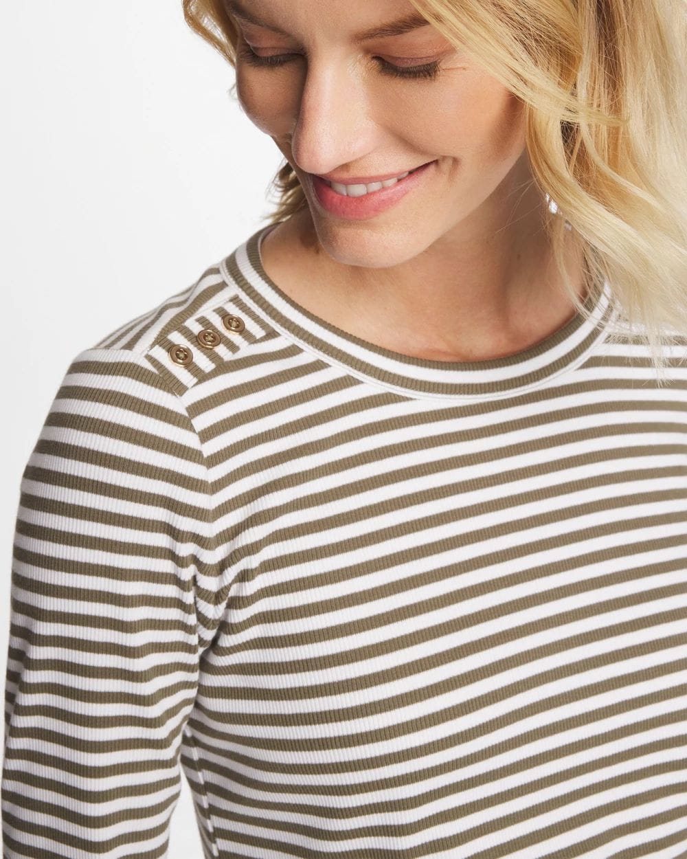 Striped Ribbed Button Crewneck Tee click to view larger image.