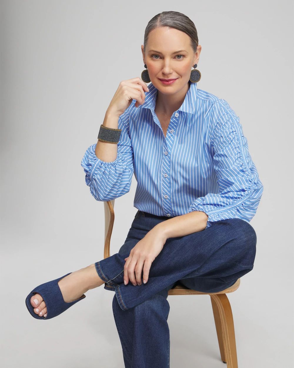 Poplin Stripe Ruched Sleeve Shirt
