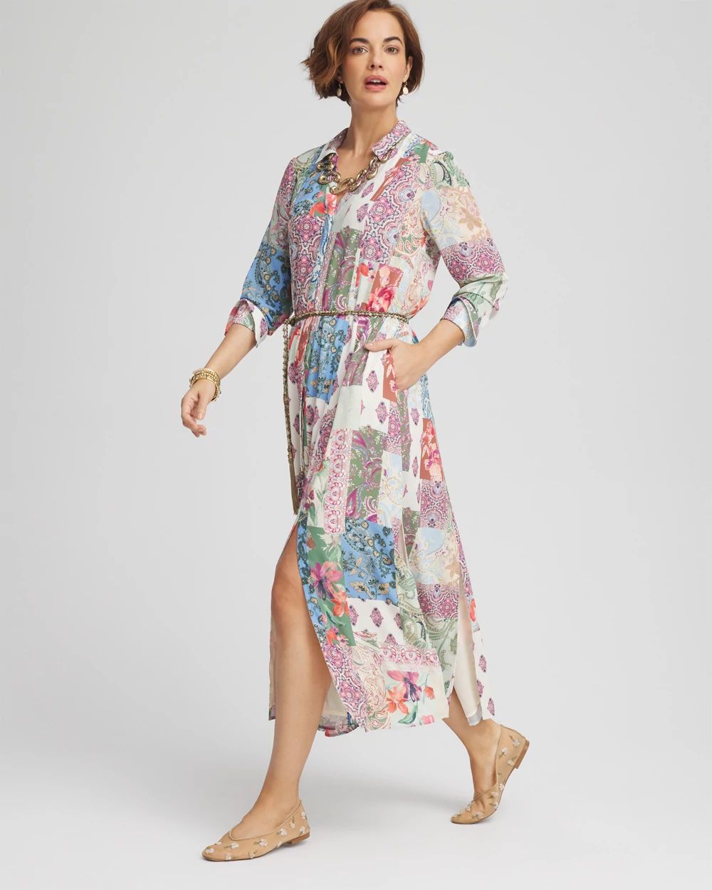 Belted Paisley Patch Maxi Shirtdress