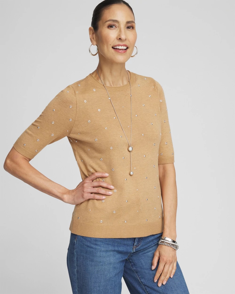 Studded Short Sleeve Pullover Sweater