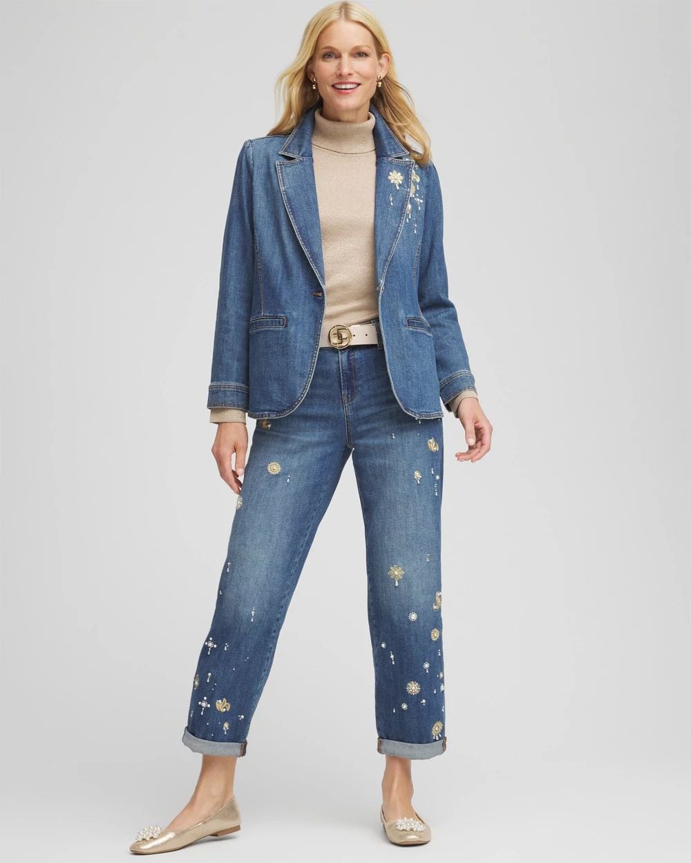 Pearl Brooch Denim Blazer click to view larger image.