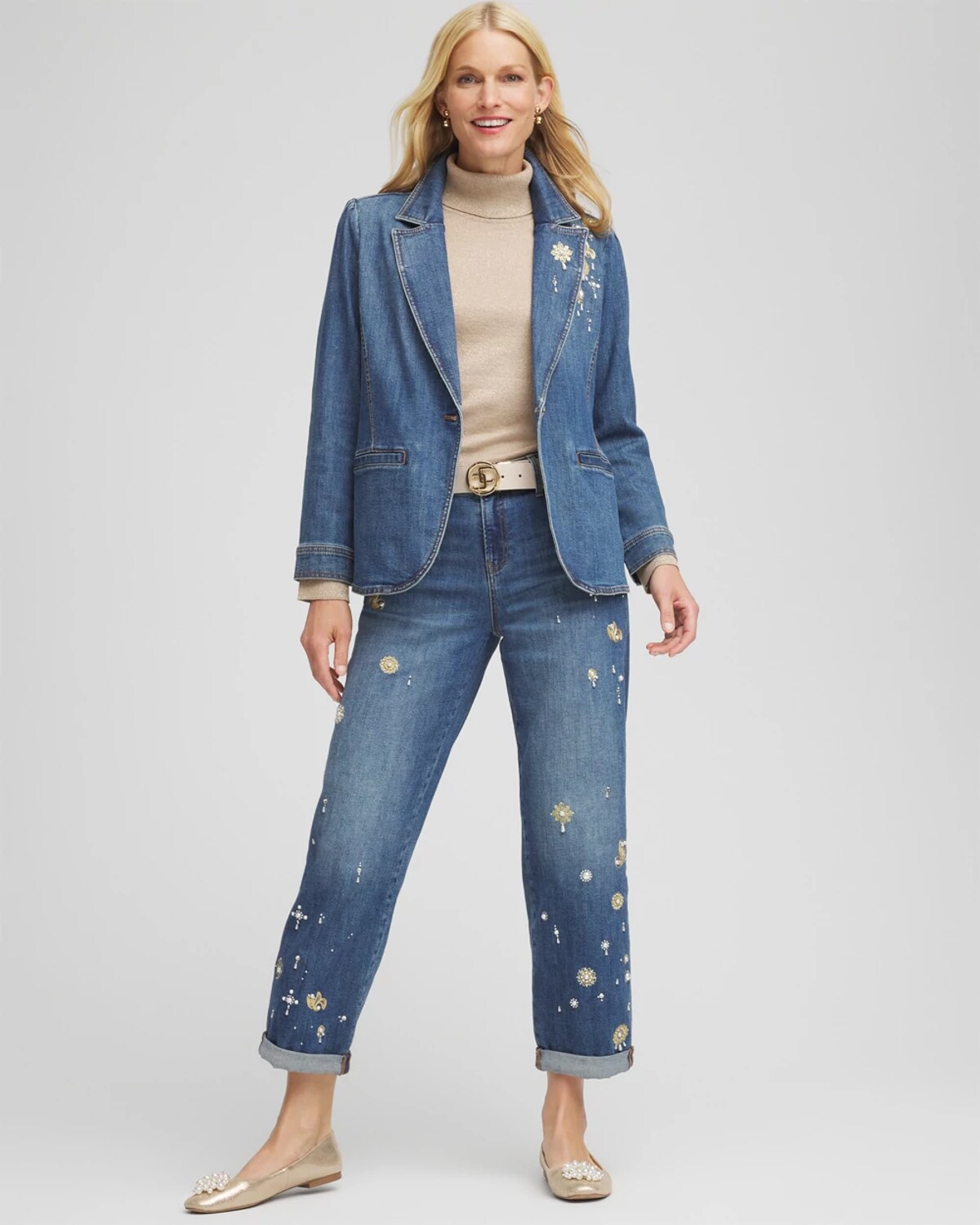 Chico's Pearl Brooch Denim Blazer In Kiruna Indigo In Blue